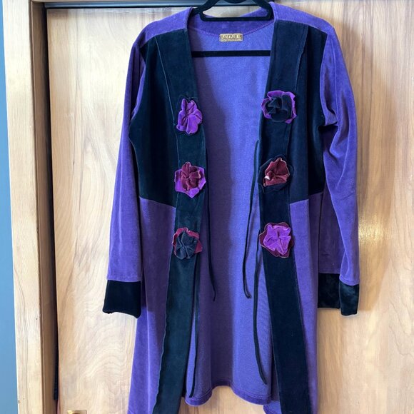 Purple Velvet Coat, Velvet Cardigan, 3D Flower Jacket, purple duster, Velour - Picture 6 of 11